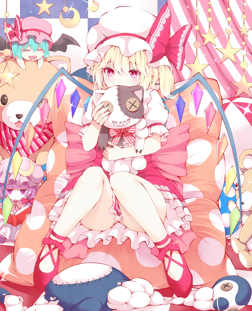 bat_wings blonde_hair book bow character_doll checkered crescent dress flandre_scarlet hat hat_bow highres knees_together_feet_apart legs long_hair looking_at_viewer md5_mismatch mikoma_sanagi patchouli_knowledge pillow purple_eyes purple_hair red_eyes remilia_scarlet short_hair short_sleeves side_ponytail sitting solo star stuffed_animal stuffed_cat stuffed_toy stuffing teddy_bear touhou wings
