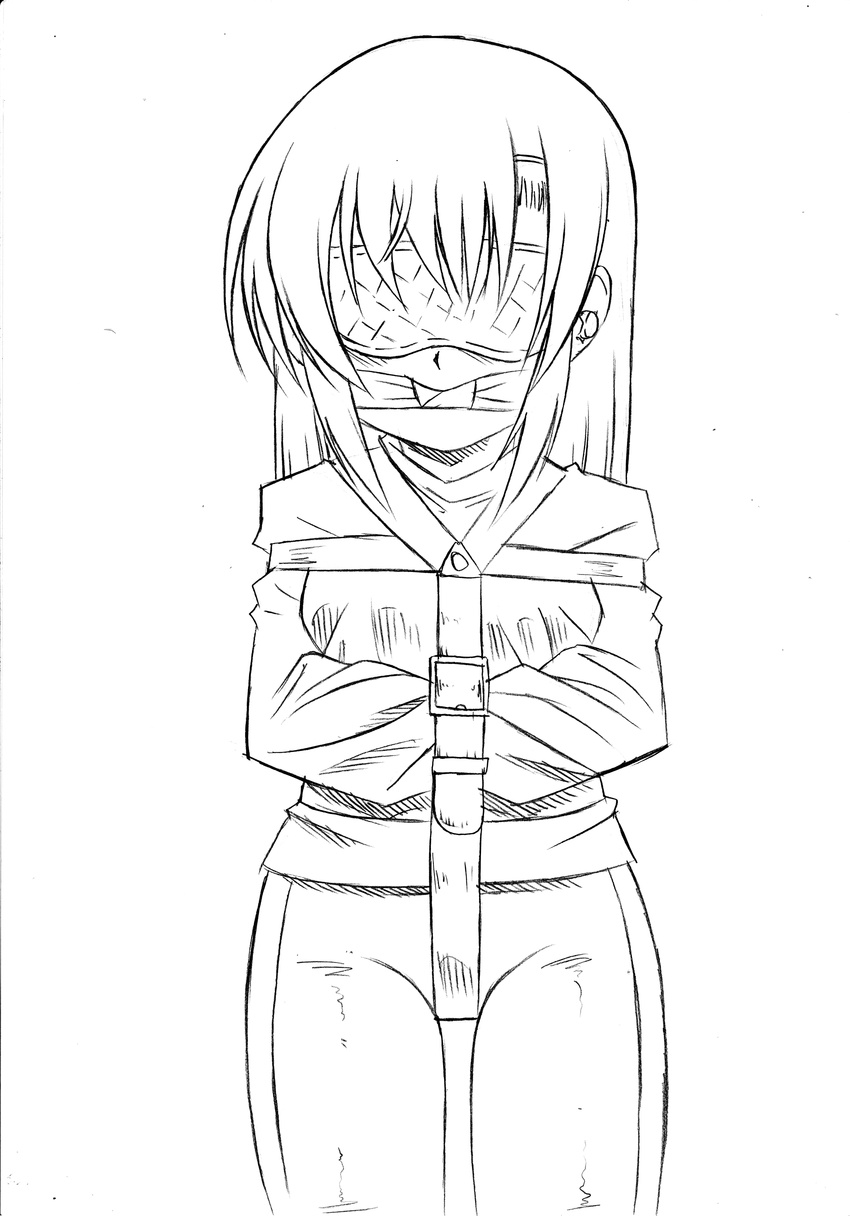 bdsm blindfold blush bondage bound cleave_gag cloth_gag daikinbakuju earplugs gag gagged hayate_no_gotoku! highres improvised_gag katsura_hinagiku knot_gag long_hair monochrome sensory_deprivation sketch straitjacket