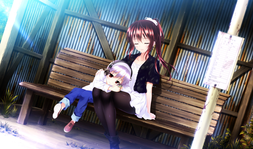 1girl age_difference bench brown_hair child eyes_closed game_cg hayakawa_harui headphones highres shoujo_shin'iki_shoujo_tengoku the_garden_of_fifth_zoa tsukamine_miori