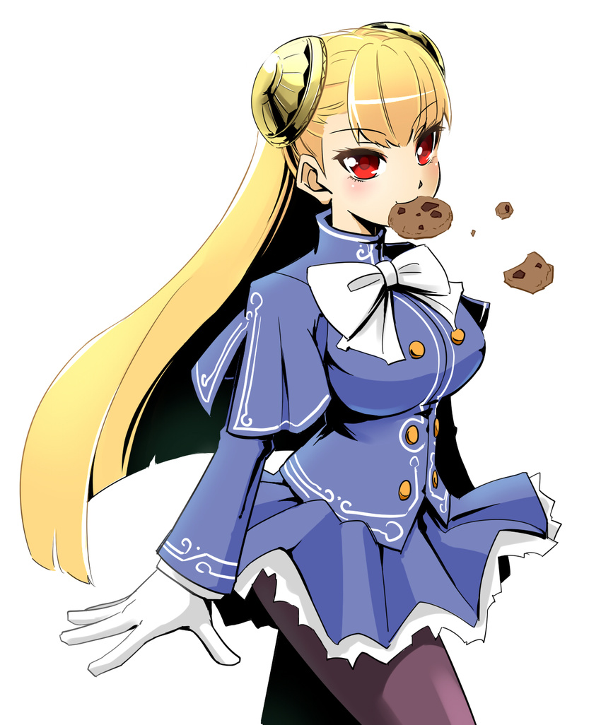 bangs blonde_hair blue_skirt blush bow breasts capcom_fighting_jam cookie cowboy_shot food food_in_mouth frilled_skirt frills gloves hairpods highres ingrid large_breasts long_hair pantyhose piko_(osso) purple_legwear red_eyes ribbon skirt smile solo white_background white_gloves white_ribbon