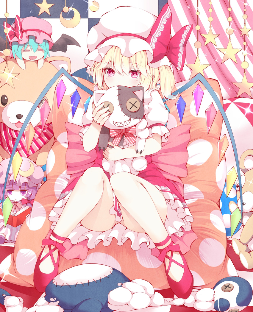 bat_wings blonde_hair book bow character_doll checkered crescent dress flandre_scarlet hat hat_bow highres knees_together_feet_apart legs long_hair looking_at_viewer mikoma_sanagi patchouli_knowledge pillow purple_eyes purple_hair red_eyes remilia_scarlet revision short_hair short_sleeves side_ponytail sitting solo star stuffed_animal stuffed_cat stuffed_toy stuffing teddy_bear touhou wings