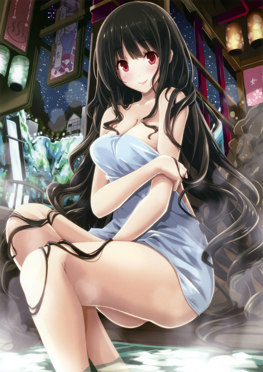 absurdres bangs bare_legs bare_shoulders black_hair blush breasts cleavage copyright_request highres lantern large_breasts lips long_hair looking_at_viewer mikoto_akemi naked_towel onsen paper_lantern red_eyes sitting smile soaking_feet solo steam towel very_long_hair water wavy_hair