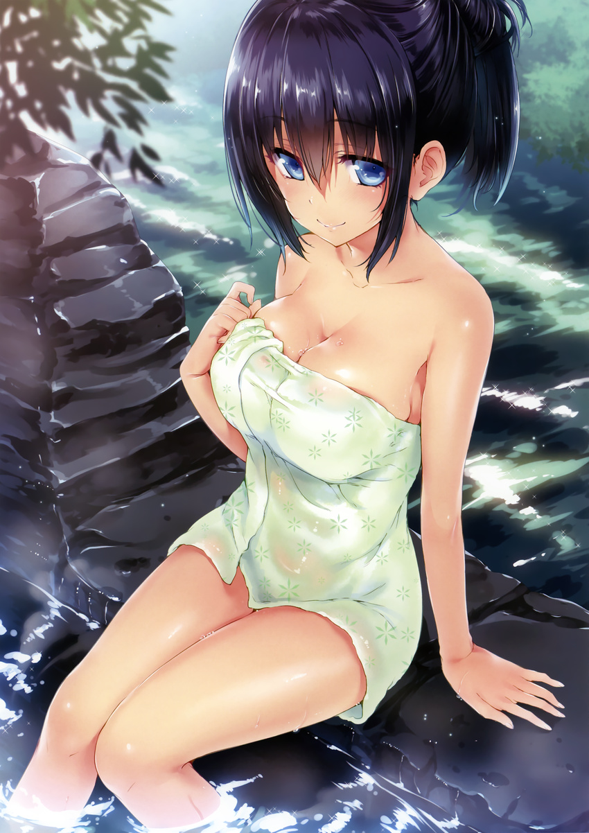 absurdres arm_support bangs bare_shoulders black_hair blue_eyes breasts cleavage collarbone copyright_request day green_towel hair_between_eyes highres hisasi large_breasts looking_at_viewer looking_to_the_side naked_towel onsen outdoors ponytail scan shiny shiny_skin sidelocks sitting smile soaking_feet solo sparkle steam thighs towel water wet