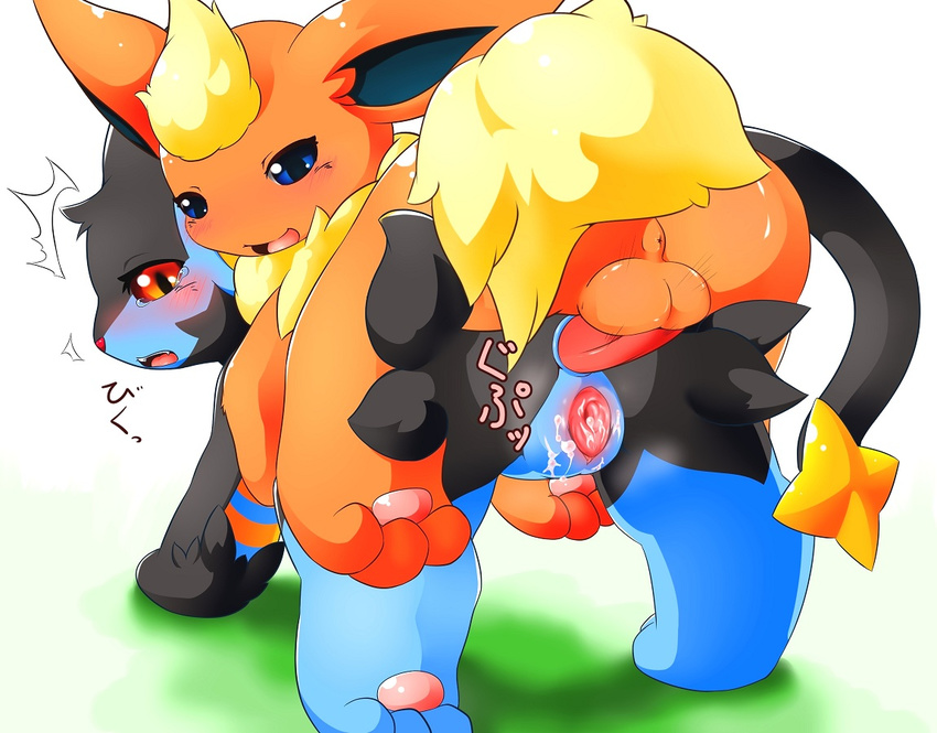anal anal_penetration anus balls blue_eyes blush cum cum_in_pussy cum_inside duo eeveelution erection female flareon grass japanese_text looking_back luxray male nintendo open_mouth pawpads penetration penis pok&#233;mon pok&eacute;mon pussy red_eyes sex smile straight text tomcat_in_sky video_games