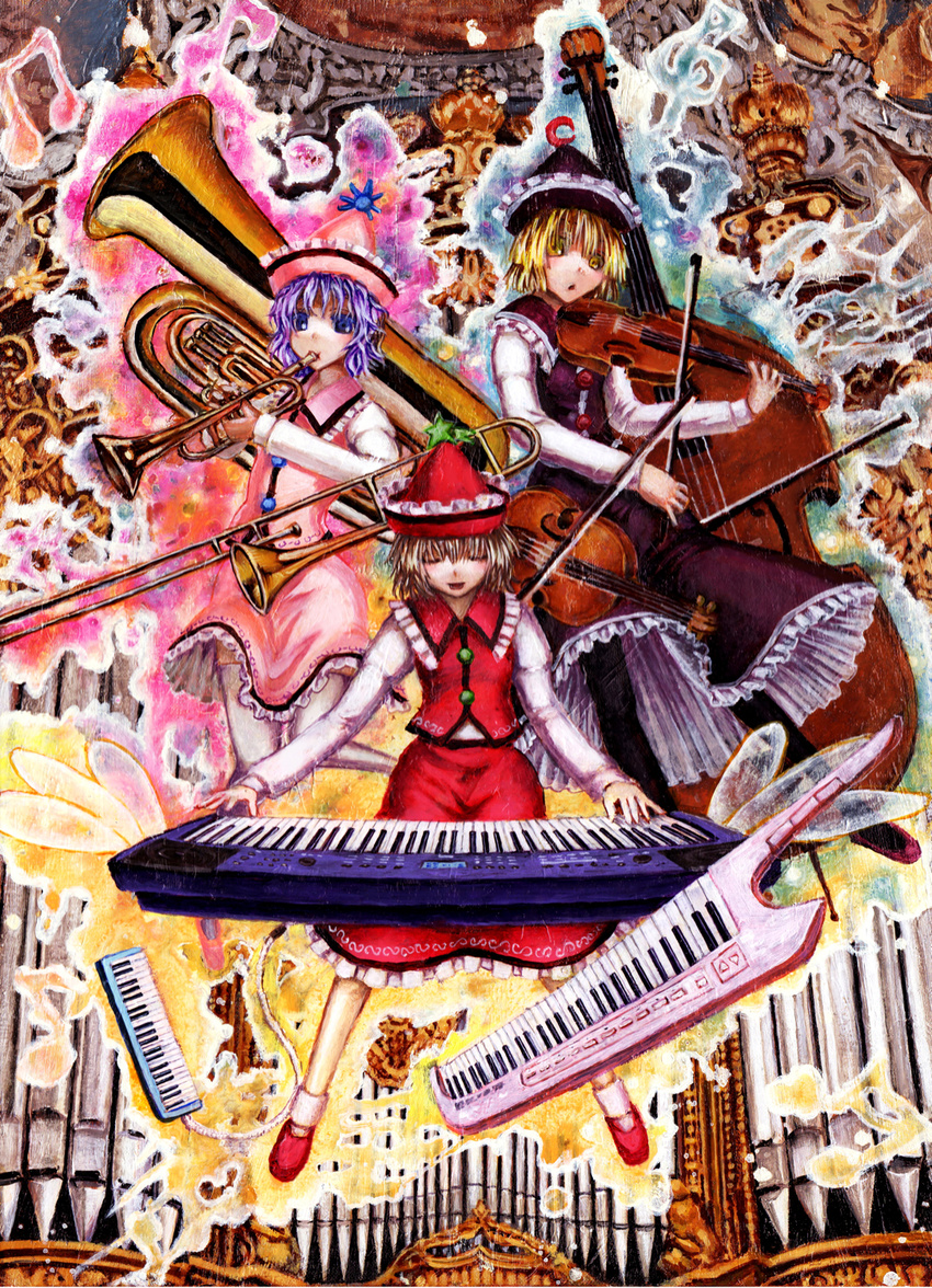 :o ankle_socks aura beamed_eighth_notes beamed_sixteenth_notes blonde_hair blue_eyes bow_(instrument) closed_eyes crescent double_bass eighth_note facing_viewer flying hat highres instrument kabaji keyboard_(instrument) lavender_hair light_brown_hair long_sleeves looking_at_viewer lunasa_prismriver lyrica_prismriver merlin_prismriver multiple_girls music musical_note oil_painting_(medium) pantyhose parted_lips pipe_organ playing_instrument short_hair skirt skirt_set star sun thighhighs touhou traditional_media treble_clef trombone trumpet tuba viola_(instrument) violin yellow_eyes