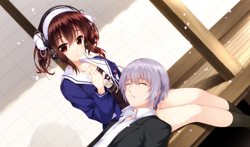 1girl brown_eyes brown_hair carrying collarbone game_cg hayakawa_harui highres shoujo_shin'iki_shoujo_tengoku sleeping takagi_shun the_garden_of_fifth_zoa tsukamine_miori