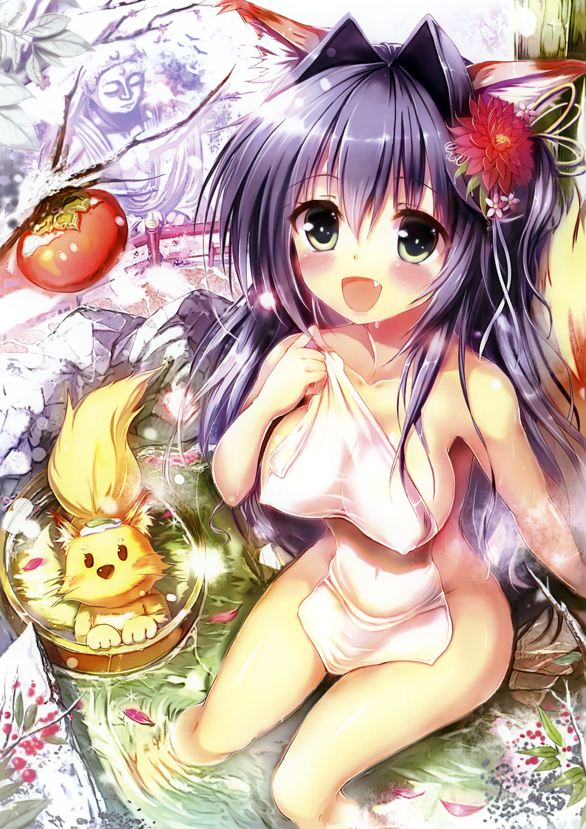 :d absurdres akabane_(zebrasmise) animal_ears blue_hair blush breasts collarbone copyright_request covered_navel covered_nipples covering fang flower fox fox_ears from_above green_eyes hair_flower hair_intakes hair_ornament highres hips impossible_towel large_breasts long_hair looking_up nude nude_cover onsen open_mouth petals scan sitting smile snow soaking_feet solo steam towel very_long_hair water wet
