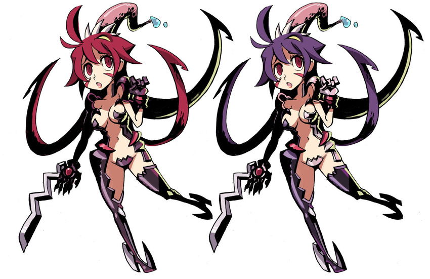 alex_ahad alternate_hair_color arm_blade armor bikini_armor boots breasts cosplay crotch_plate extra_mouth facepaint filia_(skullgirls) high_heels large_breasts long_tongue mismatched_legwear navel prehensile_hair red_eyes red_hair samson_(skullgirls) skullgirls solo tentacle_hair thigh_boots thighhighs toeblade tongue weapon witchblade yellow_eyes