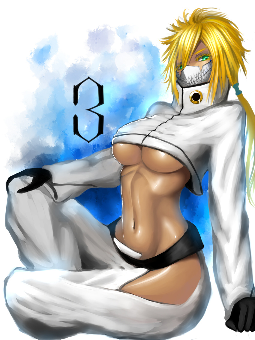 arrancar black_gloves bleach blonde_hair breasts crop_top dark_skin espada gloves green_eyes groin hakama hand_on_own_knee highres japanese_clothes kumiko_shiba large_breasts long_hair mask navel no_bra ponytail revealing_clothes sitting solo tier_harribel toned underboob