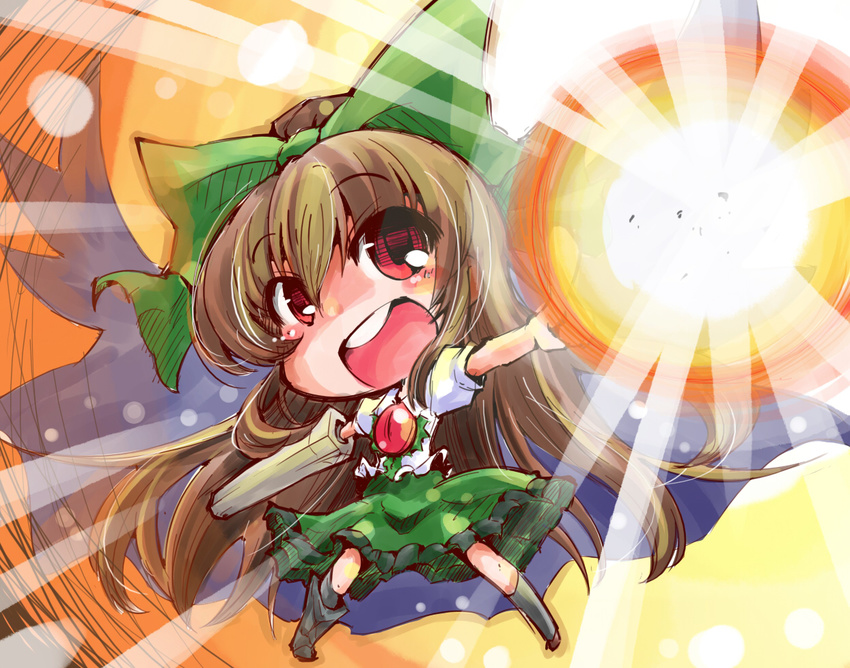arm_cannon bird_wings black_wings bow brown_hair cape chibi concrete energy_ball hair_bow long_hair open_mouth outstretched_arms puffy_sleeves red_eyes reiuji_utsuho round_teeth shinapuu shirt short_sleeves skirt solo teeth third_eye touhou very_long_hair weapon wings
