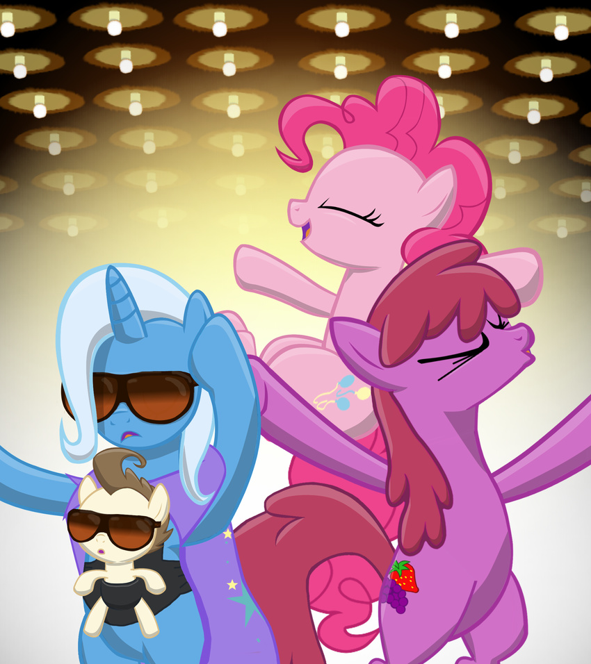 berry_punch_(mlp) brown_hair cape cub cutie_mark equine evil-dec0y eyes_closed eyewear female feral friendship_is_magic fur group hair hangover horn horse mammal my_little_pony parody pink_fur pink_hair pinkie_pie_(mlp) pony pound_cake_(mlp) purple_fur purple_hair standing sunglasses trixie_(mlp) unicorn young