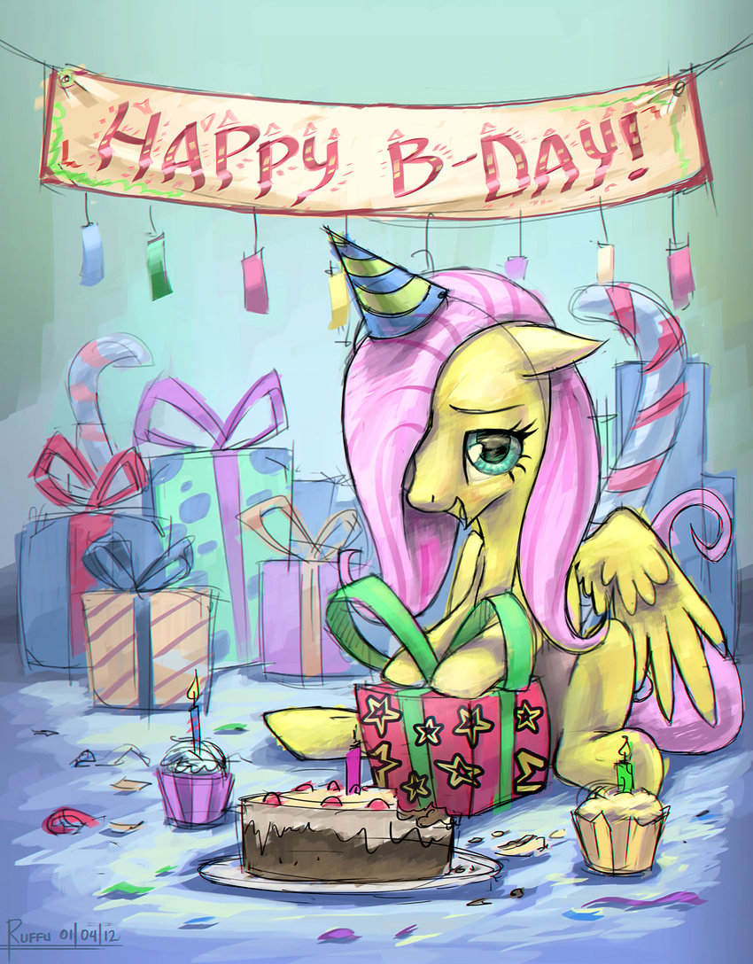 cake candle equine female feral fluttershy_(mlp) food friendship_is_magic fur gift hair horse looking_at_viewer mammal my_little_pony pegasus pink_hair pony ruffu sitting solo wings yellow_fur