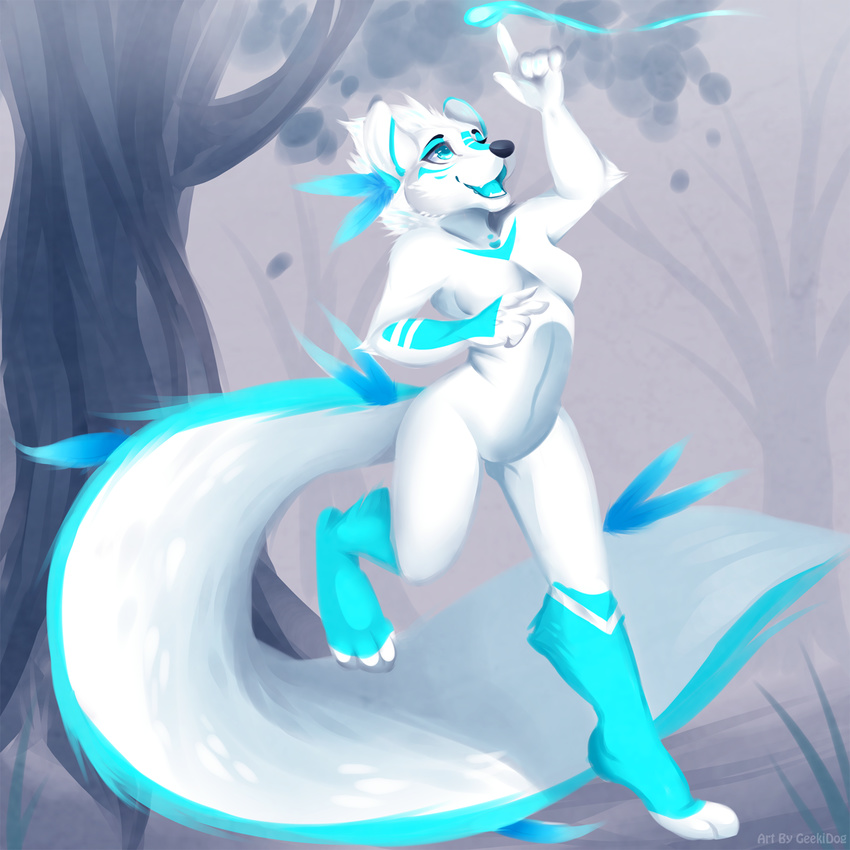 anthro barefoot big_tail black_nose blue_eyes breasts canine cute cyan_eyes cyan_fur cyan_tongue female fluffy_tail forefinger forest fur geekidog magic mammal markings nude on_one_leg open_mouth paws pose seductive socks_(marking) solo standing tree white_fur wolf