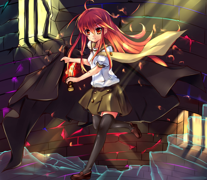 ahoge alastor_(shakugan_no_shana) baisi_shaonian bars black_legwear fire flaming_sword holding jacket jewelry loafers long_hair necktie red_eyes red_hair school_uniform serafuku shakugan_no_shana shana shoes spiral_staircase stairs sword thighhighs weapon zettai_ryouiki