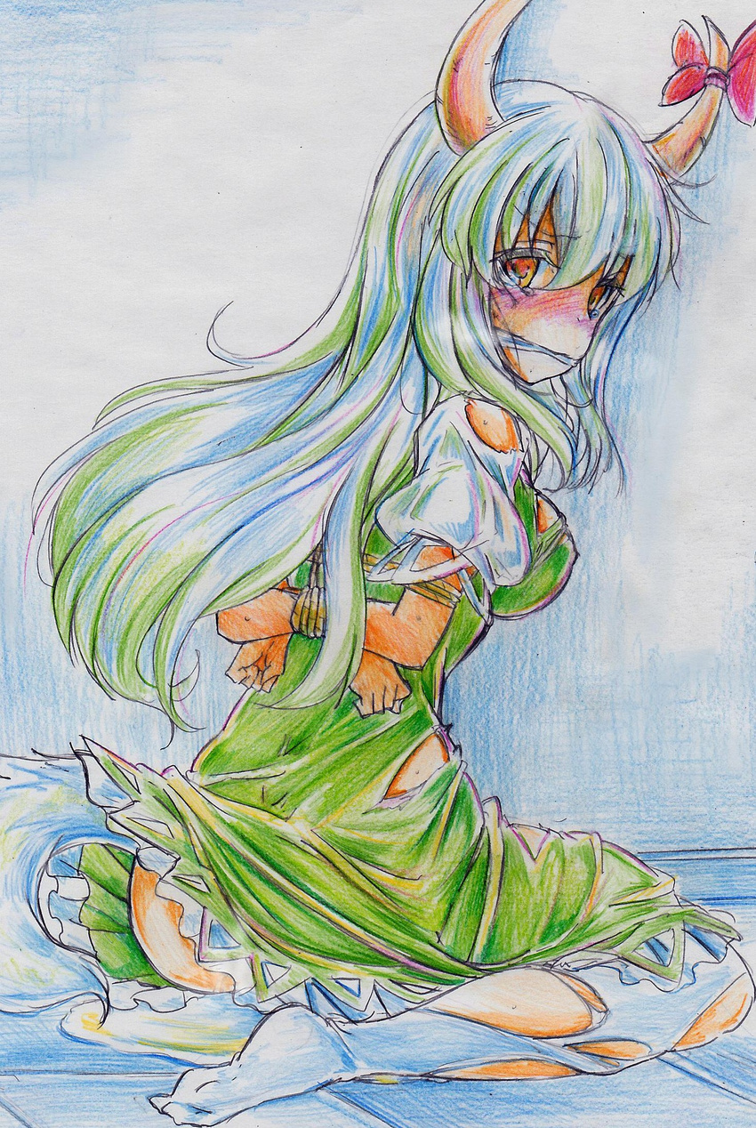 bdsm blush bondage bound cleave_gag cloth_gag ex-keine gag gagged highres horns improvised_gag kamishirasawa_keine kneeling long_hair looking_back nichibotsu_(kitaziman) pee peeing peeing_self puddle red_eyes skirt skirt_lift solo tail tears torn_clothes touhou traditional_media