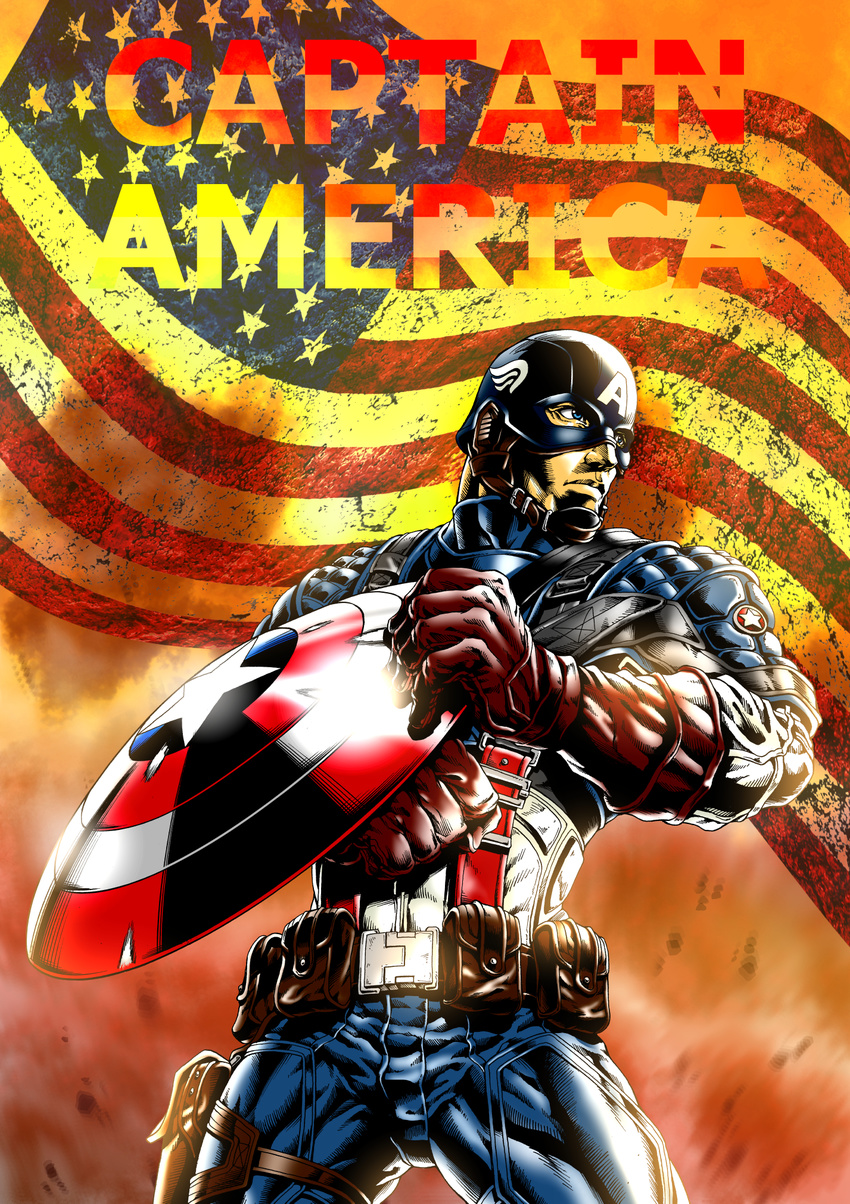 american_flag armor captain_america highres male_focus marvel military military_uniform shield solo steve_rogers superhero taro9999 uniform