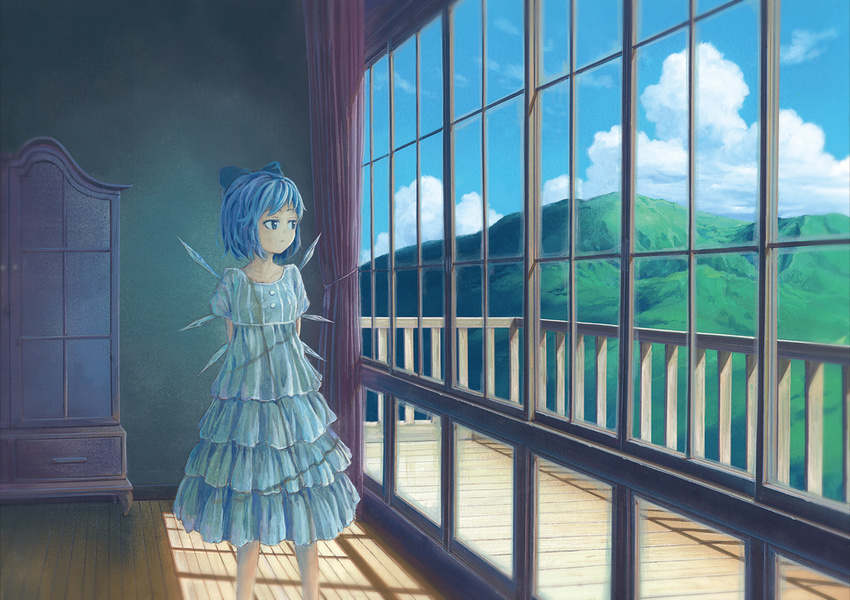 alternate_costume armoire arms_behind_back blue_hair bow cirno cloud cloudy_sky curtains day hair_bow indoors looking_out_window miso_pan mountain paint_(medium) shadow short_hair sky solo sunlight touhou traditional_media window wings wooden_floor