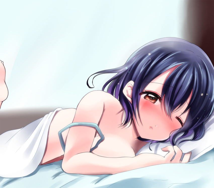 after_sex barefoot bed black_hair blush breasts brown_eyes error haguro_(kantai_collection) kantai_collection looking_at_viewer medium_breasts one_eye_closed parted_lips sakurada_mei short_hair solo strap_slip