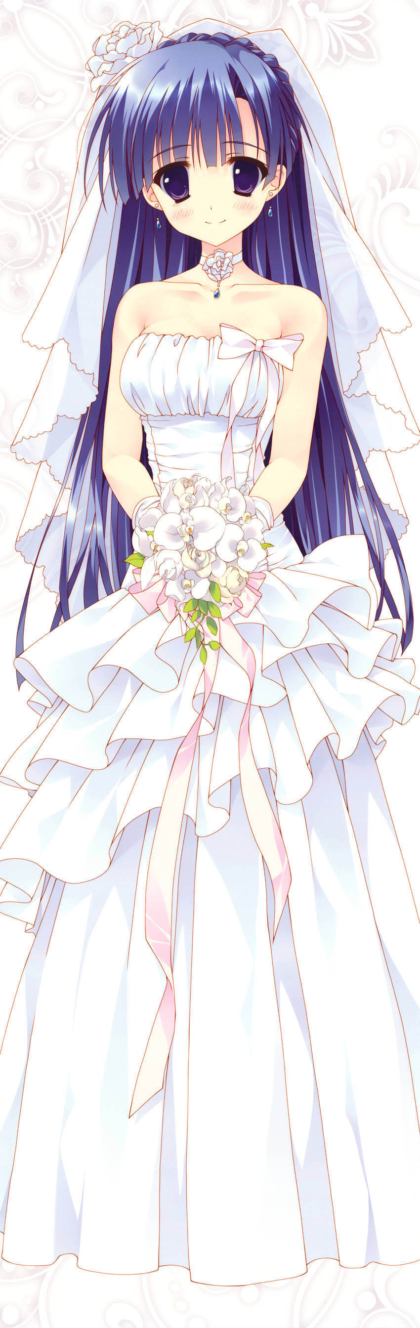 1girl absurdres blue_hair blush breasts choker cleavage dakimakura dress earrings feng flower gloves highres hoshizora_e_kakaru_hashi incredibly_absurdres jewelry koumoto_madoka long_hair official_art purple_eyes ribbon ryohka ryouka_(suzuya) smile wedding_dress