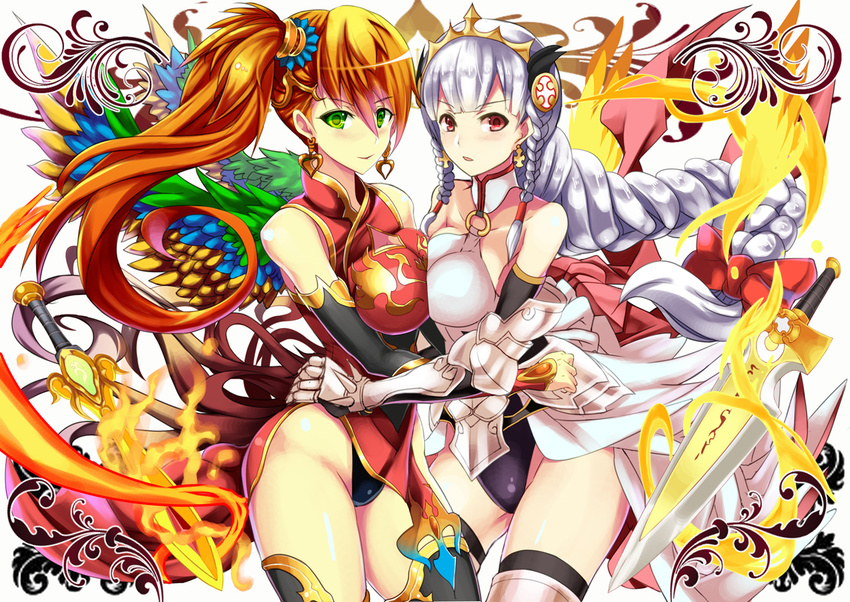 blush braid breast_press china_dress chinese_clothes dress earrings elbow_gloves fire gloves green_eyes jewelry leilan_(p&amp;d) light_valkyrie_(p&amp;d) long_hair multiple_girls puzzle_&amp;_dragons red_eyes red_hair side_ponytail silver_hair sword symmetrical_docking valkyrie_(p&amp;d) weapon wings yuu_(asaiyuji)