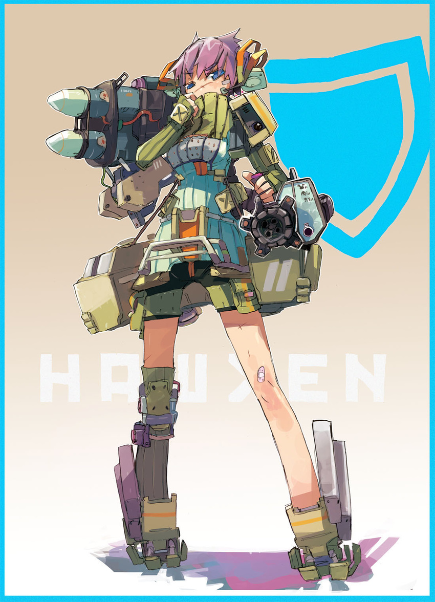 bandages blue_eyes bruiser fingerless_gloves gloves hashimoto_shin hawken headset high_collar highres injury mecha_musume mismatched_legwear purple_hair rocket_launcher short_hair shorts solo sweater weapon