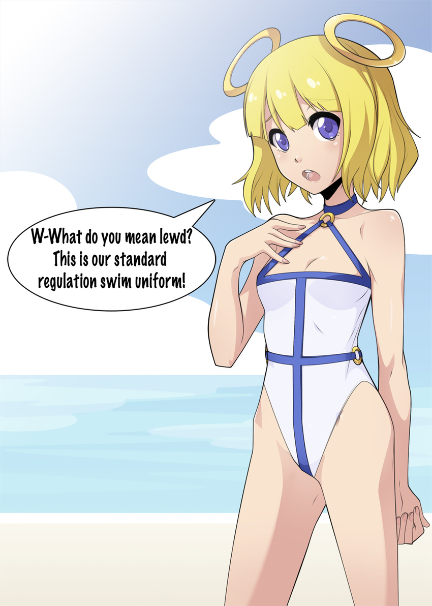 bad_id bad_tumblr_id bare_shoulders blonde_hair breasts choker english fearless_night halo halterneck highres looking_at_viewer nail_polish ocean one-piece_swimsuit purple_eyes short_hair small_breasts solo speech_bubble spike_wible swimsuit uri_(fearless_night)