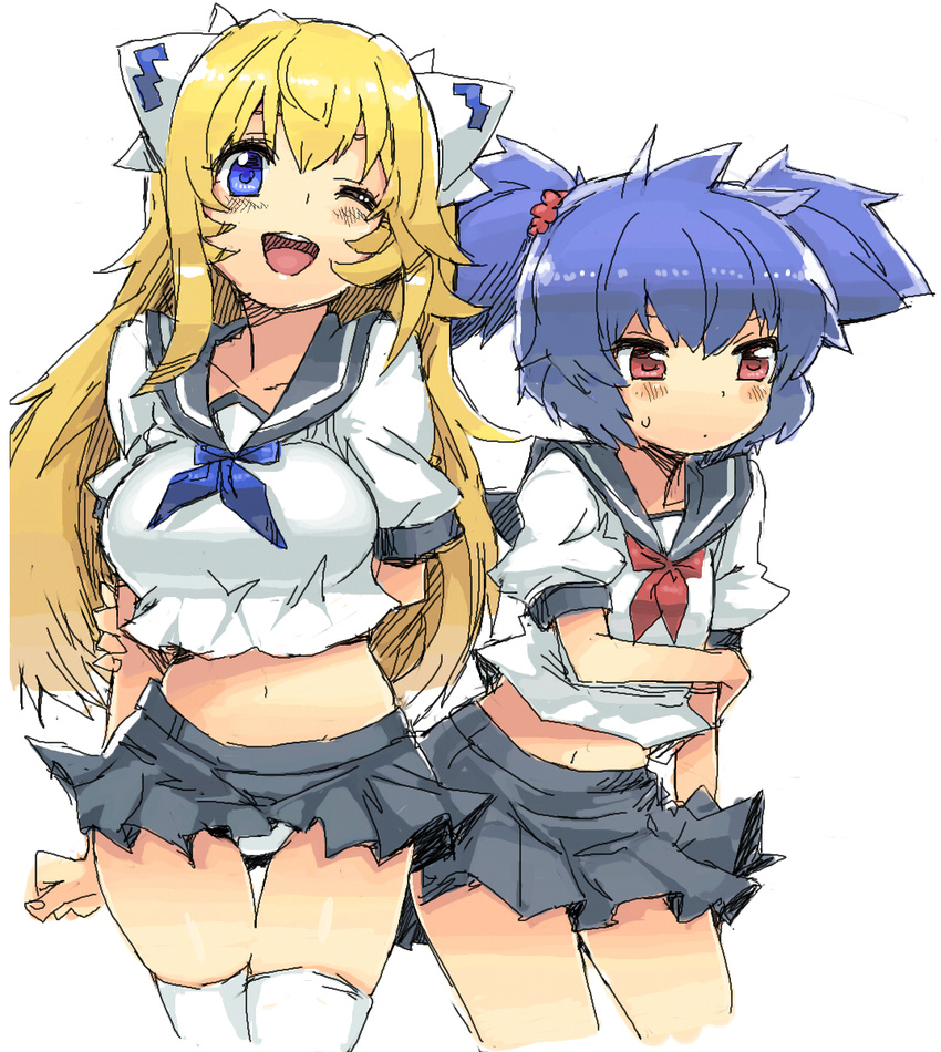 ;d altines altrene angelo_(gomahangetsu) blonde_hair blue_eyes blue_hair blush busou_shinki crop_top crop_top_overhang hair_ornament highres long_hair midriff multiple_girls navel one_eye_closed open_mouth panties pleated_skirt school_uniform serafuku short_hair sketch skindentation skirt smile thigh_gap thighhighs underwear white_legwear