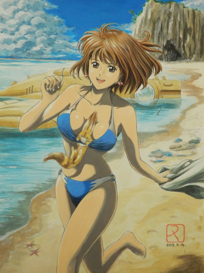 absurdres acrylic_paint_(medium) aircraft airplane alternate_costume animal animal_in_clothes beach between_breasts bikini breasts brown_eyes brown_hair cleavage cloud contemporary dated day earrings graphite_(medium) highres jewelry kaze_no_tani_no_nausicaa large_breasts millipen_(medium) nausicaa roi_(katana4005) running short_hair smile studio_ghibli swimsuit teto traditional_media