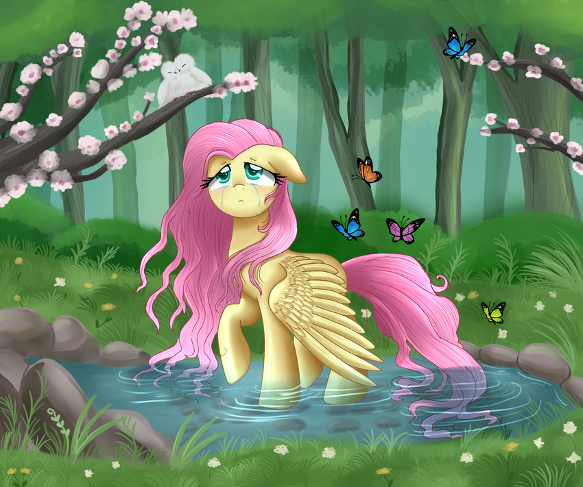avian butterfly cherry_blossom crying ears_down equine eyelashes female feral fluttershy_(mlp) forest friendship_is_magic hair horse insect long_hair looking_at_viewer mammal my_little_pony outside pegasus pink_hair pond pony pridark quadruped raised_leg sad solo standing tears tree wings yellow_feathers yellow_skin