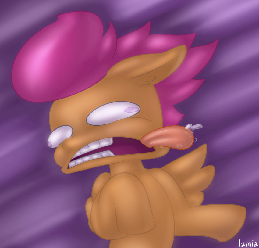 barefoot d: derp drooling equine feral friendship_is_magic fur hi_res hooves horse humor lamia_(artist) mammal my_little_pony nude open_mouth orange_fur orange_nose pegasus plain_background pony purple_background purple_eyes saliva scootaloo_(mlp) teeth tongue tongue_out what white_eyes wings