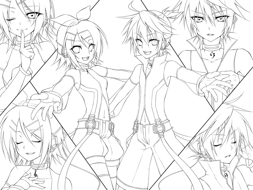 1girl closed_eyes finger_to_mouth greyscale hair_ornament hairclip headphones highres kagamine_len kagamine_rin lineart monochrome one_eye_closed outstretched_arms short_hair smile transparent_background ueno_tsuki vocaloid