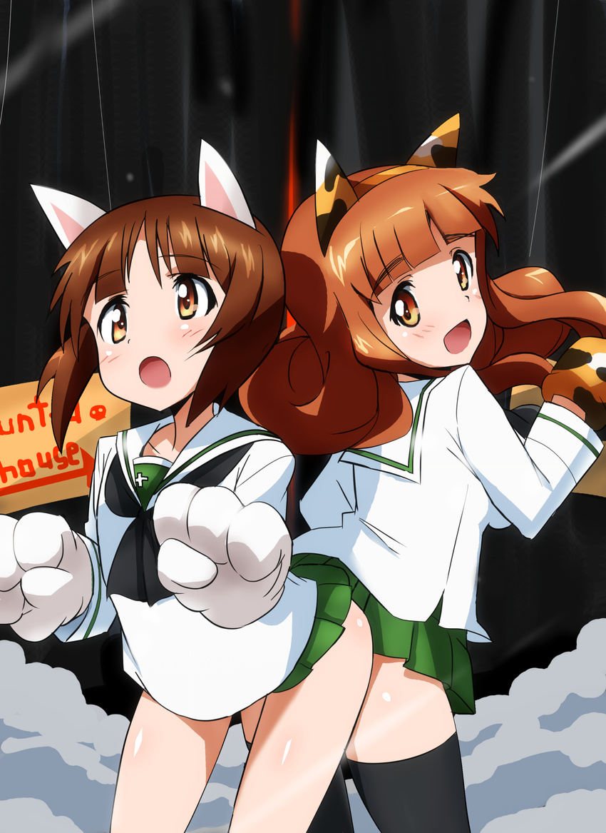 :d :o absurdres animal_ears ass-to-ass bangs blunt_bangs blush brown_hair cat_ears cat_paws girls_und_panzer gloves highres leaning_forward light_brown_eyes long_hair long_sleeves looking_at_viewer looking_back multiple_girls nishizumi_miho ooarai_school_uniform open_mouth orange_hair paw_gloves paws school_uniform serafuku smile smoke standing takebe_saori thighhighs tokiani zettai_ryouiki