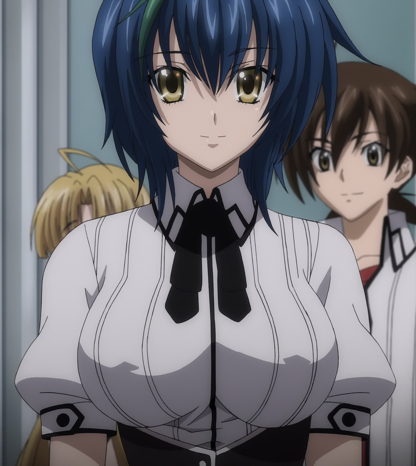 1boy 2girls asia_argento blue_hair breasts covered_nipples erect_nipples high_school_dxd highres hyoudou_issei large_breasts multiple_girls school_uniform screencap short_hair xenovia_(high_school_dxd) yellow_eyes