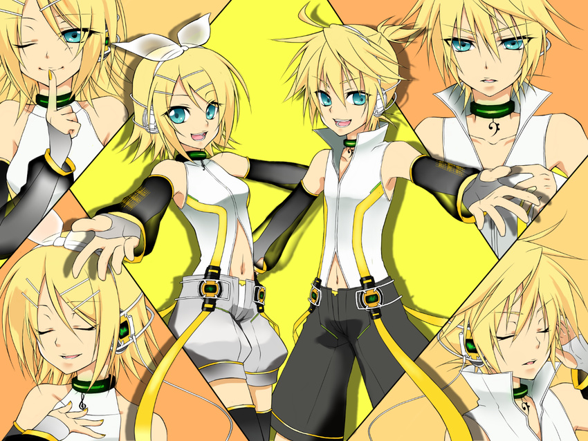 1girl blonde_hair closed_eyes colorized darklowell finger_to_mouth green_eyes hair_ornament hairclip headphones kagamine_len kagamine_rin one_eye_closed outstretched_arms short_hair smile vocaloid