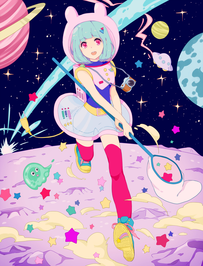 :d animal_hood aqua_hair bangs belt blob blunt_bangs bob_cut bunny_hood camera crater creature electric_plug full_body hair_ornament hairclip hand_net high_tops highres hood kise_(swimmt) looking_at_viewer open_mouth original pink_eyes pink_legwear planet running science_fiction see-through shoes short_hair sleeveless smile sneakers solo space sparkle standing star star_(sky) thighhighs ufo