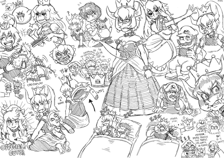 3boys 4girls :d anger_vein angry annoyed ayyk92 bespectacled black_sclera blood boo bowser bowsette bracelet bubble_blowing character_request chewing_gum collar commentary_request crown dr._crygor dress earrings english fang fangs fingernails futon glasses greyscale grin highres horns italian jewelry koopa_troopa laughing link long_dress looking_at_viewer luigi's_mansion luigi's_mansion mario mario_(series) monochrome moon_(majora's_mask) moon_(majora's_mask) multiple_boys multiple_girls muscle navi new_super_mario_bros._u_deluxe nintendo nintendo_switch open_mouth ponytail princess_king_boo princess_peach ranguage ranma-chan ranma_1/2 shaded_face sharp_nails sharp_teeth signature simple_background sketch sleeping smile sparkle spiked_bracelet spiked_collar spikes sweatdrop teeth the_legend_of_zelda the_legend_of_zelda:_majora's_mask the_legend_of_zelda:_majora's_mask tongue tongue_out wario white_background wide-eyed zzz