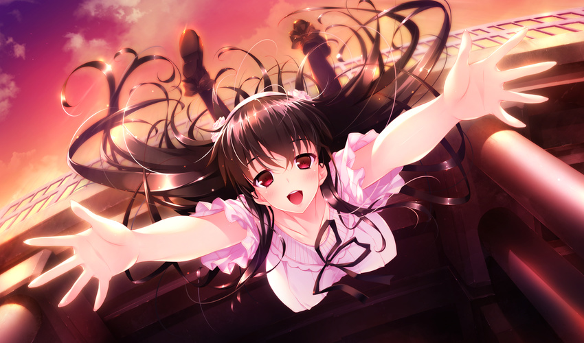 black_hair blush game_cg hayakawa_harui lass long_hair okushiro_yuki pantyhose red_eyes shoujo_shiniki_shoujo_tengoku sky