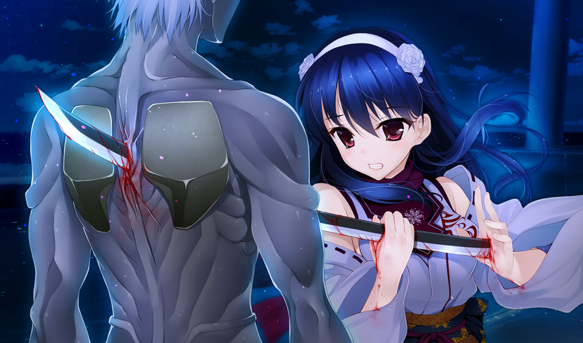 black_hair blood game_cg hayakawa_harui katana lass long_hair okushiro_yuki red_eyes shoujo_shiniki_shoujo_tengoku sword weapon