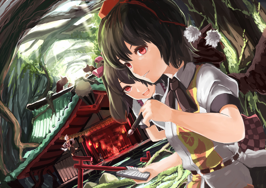 animal_ears black_hair book brown_hair calligraphy_brush capelet detached_sleeves dress dutch_angle forest grey_dress grey_hair hat hat_ribbon himekaidou_hatate inubashiri_momiji lights long_sleeves multiple_girls nature nazrin open_mouth paintbrush puffy_sleeves red_eyes ribbon rikkido shameimaru_aya shirt short_sleeves shrine silver_hair skirt smile tail tokin_hat torii touhou tree twintails wide_sleeves wolf_ears wolf_tail
