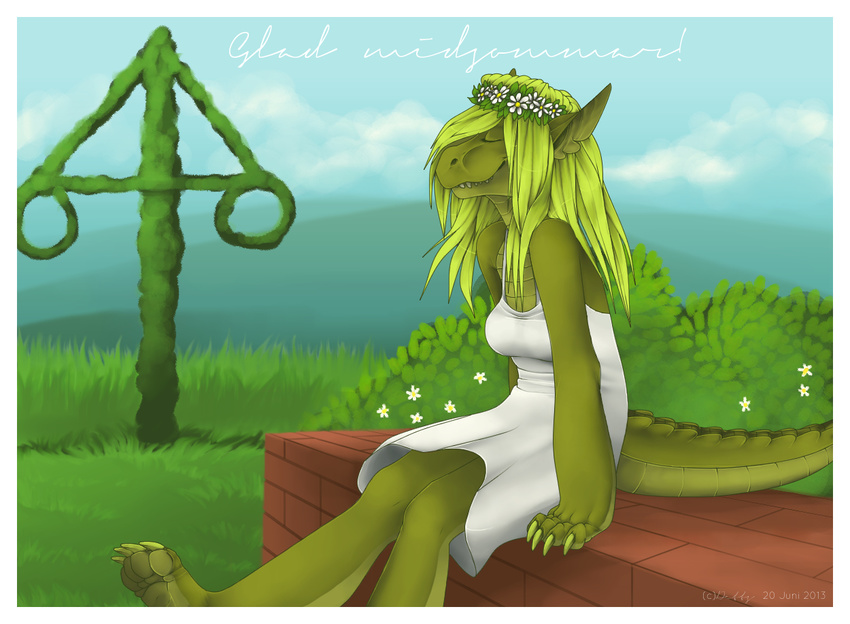 4_toes 5_fingers alliy breasts claws clothed clothing crocodile detts eyes_closed female flower_crown green_hair hair reptile scalie sitting white_dress