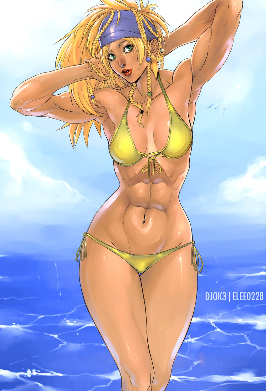 abs absurdres armpits arms_behind_head arms_up bikini blonde_hair blue_headband braid breasts djok3 final_fantasy final_fantasy_x final_fantasy_x-2 green_eyes groin headband highres lips lipstick long_hair lowleg lowleg_bikini makeup medium_breasts muscle navel nose ocean rikku side-tie_bikini slender_waist solo swimsuit tan thigh_gap thighs toned water yellow_bikini