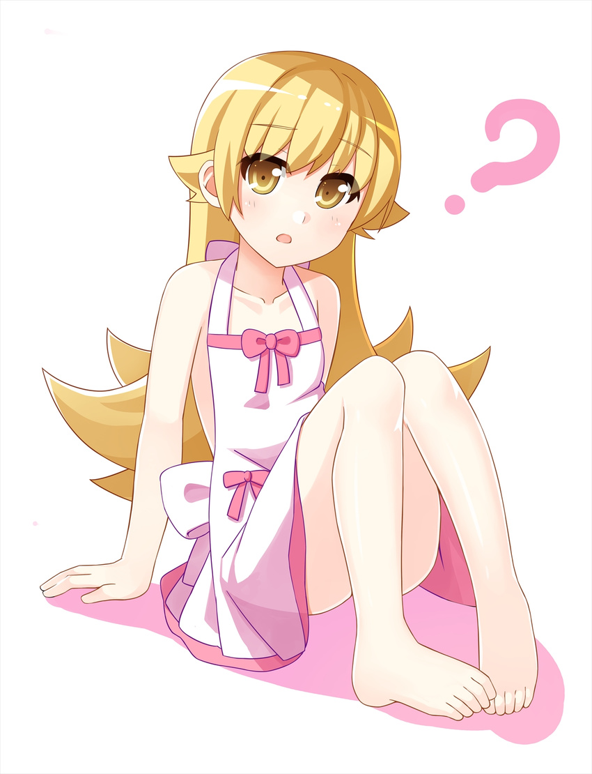 :o ? arm_support barefoot blonde_hair convenient_leg dacchi dress feet highres kabukimonogatari long_hair monogatari_(series) nisemonogatari oshino_shinobu sitting solo toes yellow_eyes