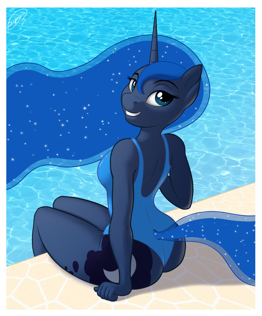 anthro anthrofied blue_eyes blue_hair butt cute cutie_mark equine female friendship_is_magic hair horn horse long_hair looking_at_viewer looking_back mammal my_little_pony one-piece_swimsuit pony pool princess princess_luna_(mlp) royalty sitting skipsy skipsypony smile solo swimsuit water winged_unicorn wings