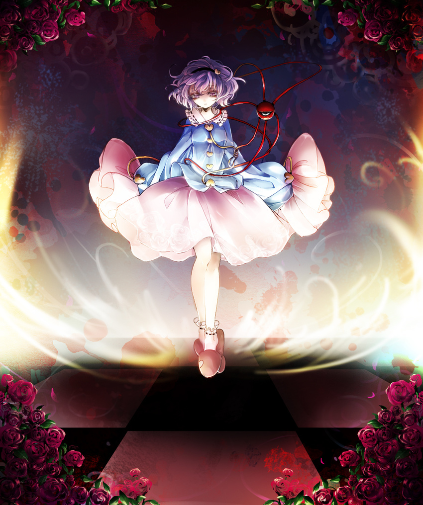 ankle_socks aura blouse checkered checkered_floor chireiden feet_together floating flower gradient gradient_background headband heart highres komeiji_satori lavender_eyes lavender_hair leaf legs_together light long_sleeves looking_at_viewer pink_footwear red_flower red_rose rose shironeko_(dondonmi) short_hair skirt sleeves_past_wrists slippers solo third_eye touhou wind