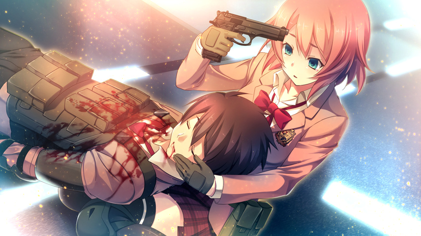 1girl black_hair black_legwear blood blood_from_mouth blue_eyes brown_hair bulletproof_vest closed_eyes death game_cg gloves gun gun_to_head holding holding_gun holding_weapon injury innocent_bullet kanzaki_sayaka_(innocent_bullet) nachi_yuuji oosaki_shin'ya red_skirt short_hair skirt suicide tears thighhighs weapon zettai_ryouiki