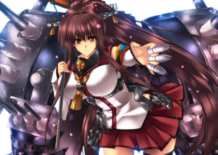 ammunition bad_id bad_pixiv_id bare_shoulders black_legwear blush breasts brown_eyes brown_hair cannon cherry_blossoms flower hair_flower hair_ornament japanese_clothes juri_(shiningred) kantai_collection large_breasts long_hair miniskirt oriental_umbrella pleated_skirt ponytail skirt smile solo thighhighs turret umbrella very_long_hair yamato_(kantai_collection)