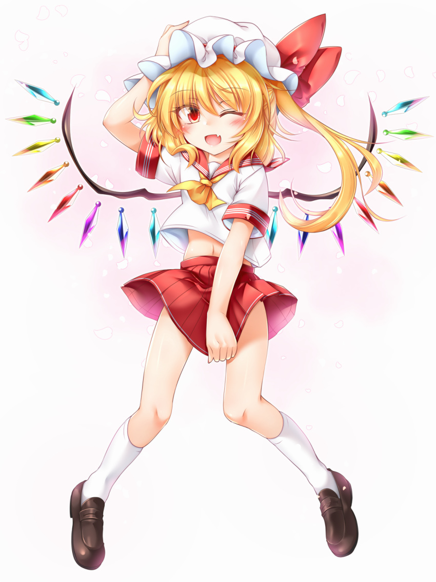 1girl ;d alternate_costume arm_up ascot bangs blonde_hair bow brown_footwear cherry_blossoms commentary_request crystal eyebrows_visible_through_hair fang flandre_scarlet full_body hat hat_bow highres kneehighs long_hair looking_at_viewer m9kndi midriff miniskirt mob_cap nail_polish navel one_eye_closed open_mouth petals pink_background red_bow red_eyes red_nails red_skirt sailor_collar school_uniform serafuku shoes short_sleeves side_ponytail skirt skirt_tug smile solo standing touhou white_hat white_legwear wings yellow_neckwear