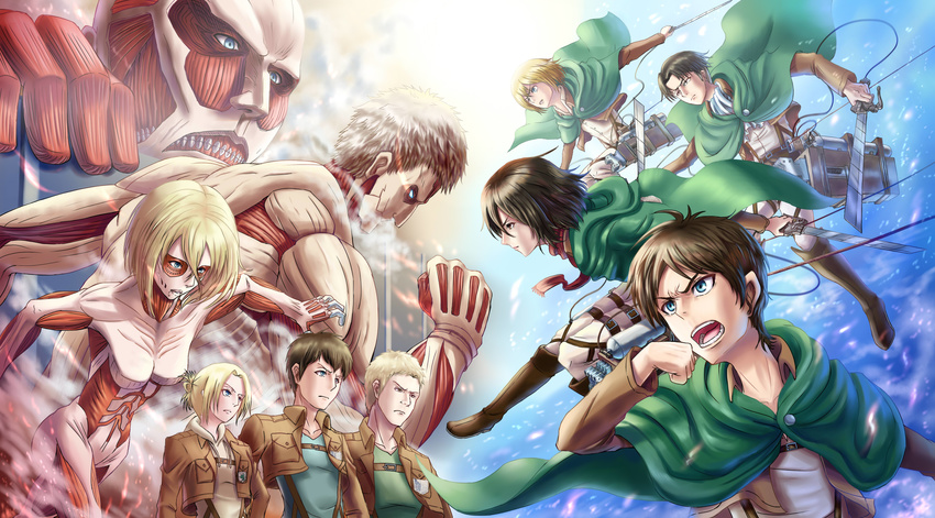 annie_leonhardt armin_arlert armored_titan bertholt_fubar bertolt_hoover blonde_hair blue_eyes cape colossal_titan eren_yeager female_titan giant highres levi_(shingeki_no_kyojin) mikasa_ackerman monster reiner_braun shingeki_no_kyojin short_hair silver_hair spoilers steam sword three-dimensional_maneuver_gear titan_(shingeki_no_kyojin) uniform weapon