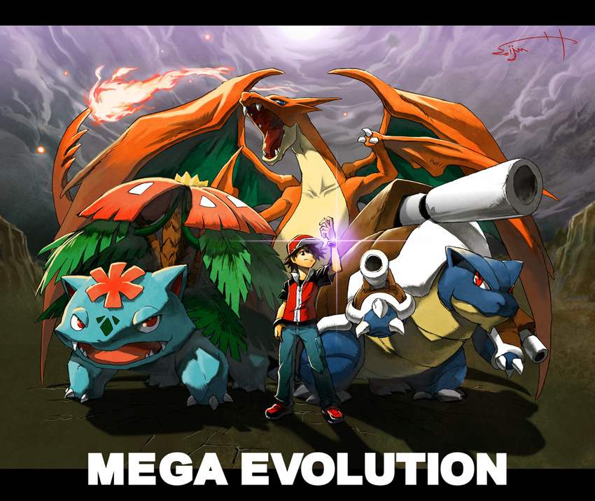 baseball_cap blastoise charizard dark_clouds desert english gen_1_pokemon glint hat jacket letterboxed mega_blastoise mega_charizard_y mega_pokemon pokemon pokemon_(creature) pokemon_(game) pokemon_hgss pokemon_xy red_(pokemon) red_(pokemon_frlg) sei_jun short_hair signature standing title venusaur