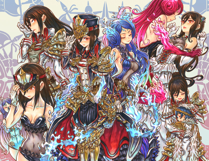 1boy 2girls alternate_costume bare_shoulders blue_fire blue_hair breasts brother_and_sister brown_hair cleavage collarbone covered_navel dress eyes_closed fire h9454cl6reg hat highres kagutsuchi_(xenoblade) large_breasts long_hair looking_at_viewer medium_breasts meleph_(xenoblade) military military_hat military_uniform multiple_girls multiple_persona neferu_(xenoblade) nintendo one-piece_swimsuit peaked_cap siblings swimsuit uniform very_long_hair xenoblade_(series) xenoblade_2 yuri